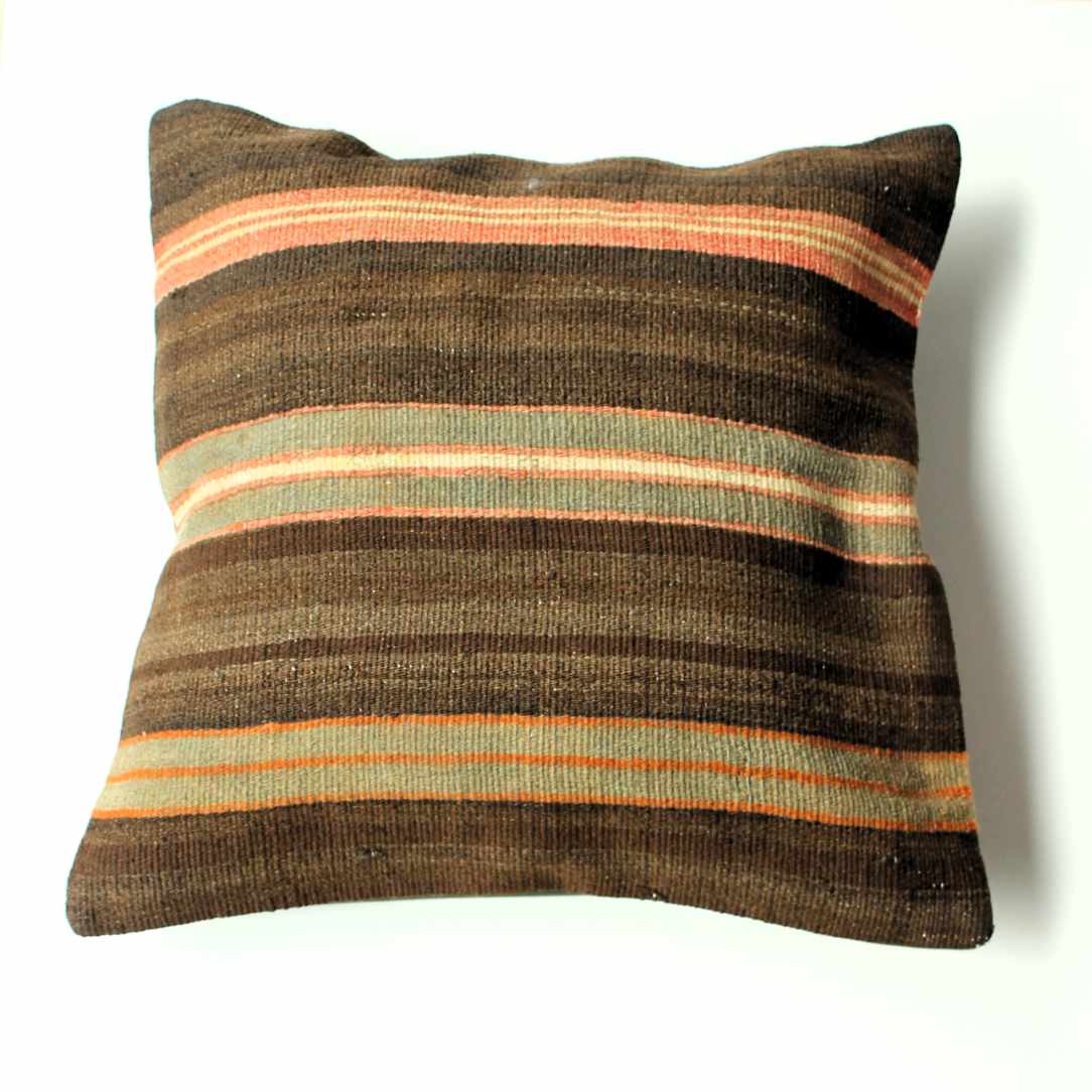 Kelimkissen in Naturtönen braun, gruen, orange gestreift; 45 x 45 cm