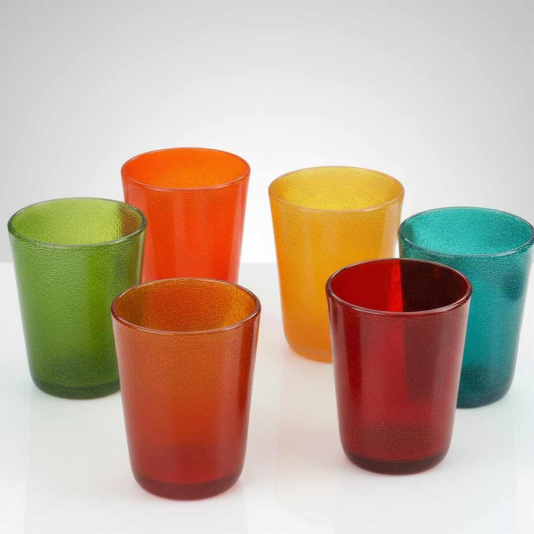 6 verschieden Gläser in kräftigen satten Herbsttönen amber, oliv, mandarine, orange, petrol, rot