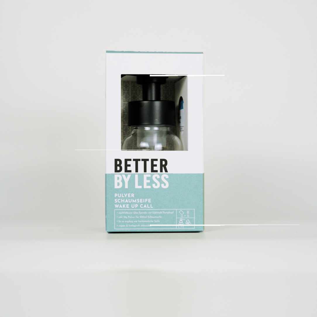 Packung mit Schaumspender in Klar- Glas und schwarzem Spender mit Schaumpulver mit Duftrichtung wake up call