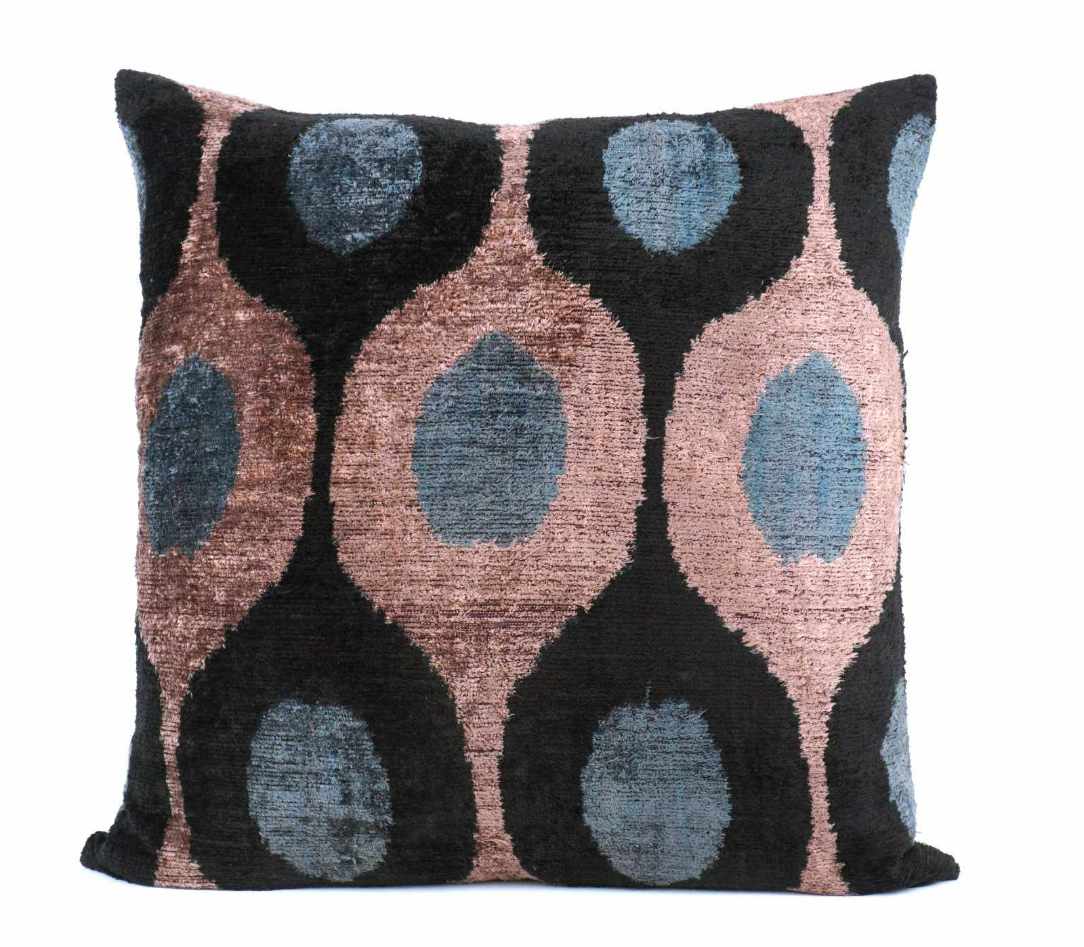 Kissen aus Seidenvelvet 50 x 50 cm mit "Augenmuster schwarz, rosa, aqua