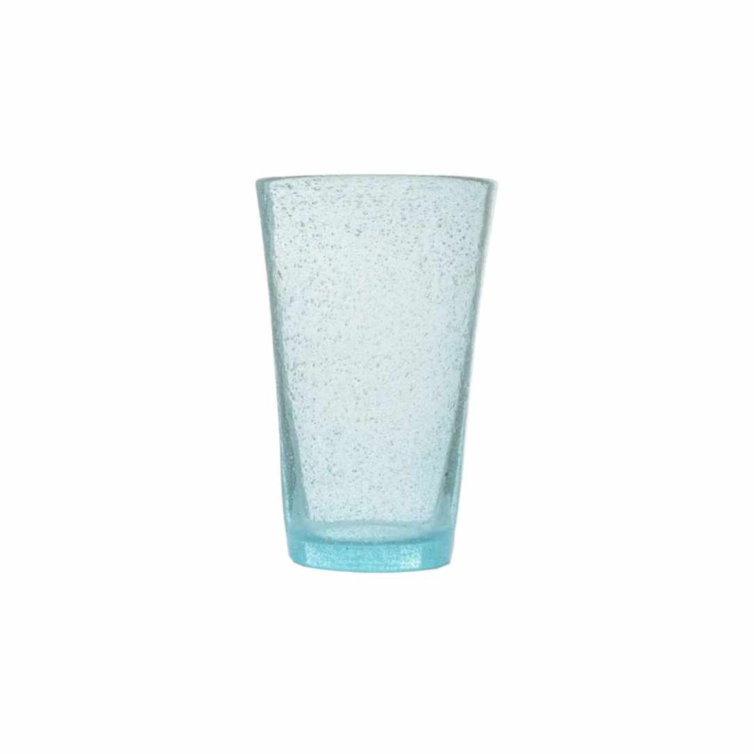 Mundgeblasenes Longdrink-Glas von Memento mit eingeschlossenen Luftbläschen in hellblau