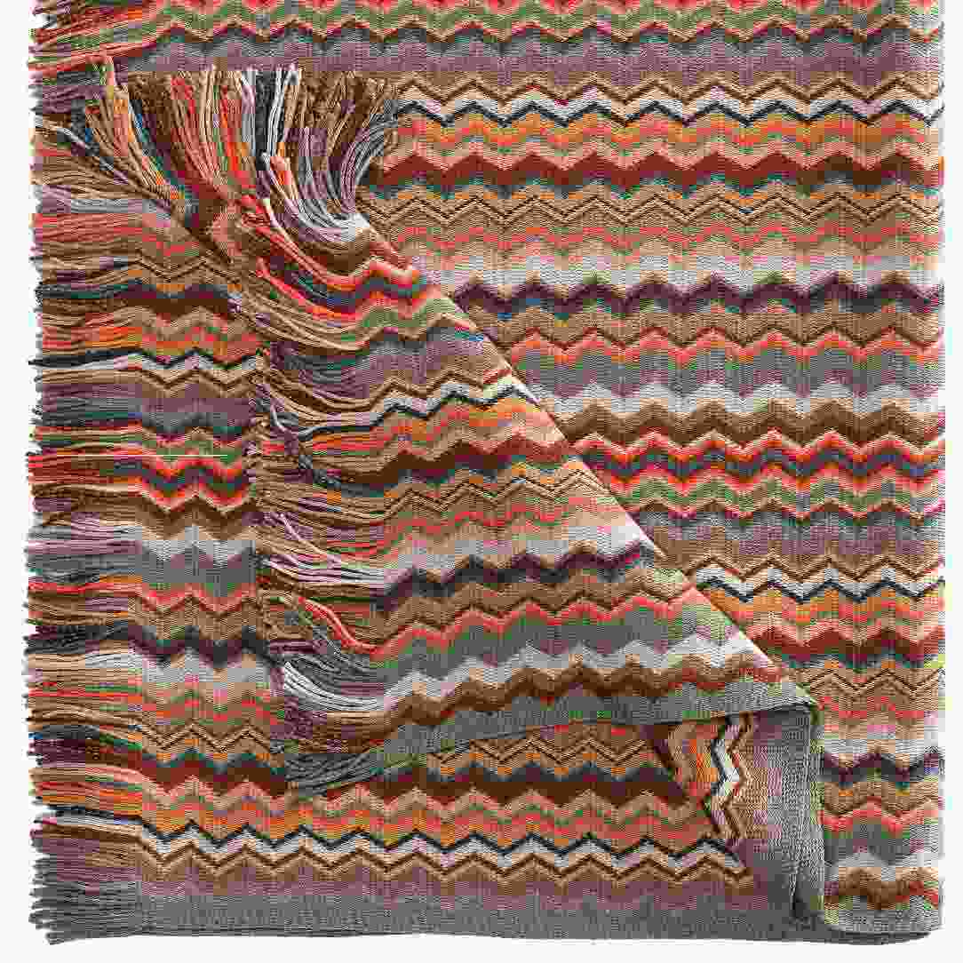 Merinodecke in orange-oliv-aubergine-braun-Tönen als Missoni-Zacken; Eagleproducts