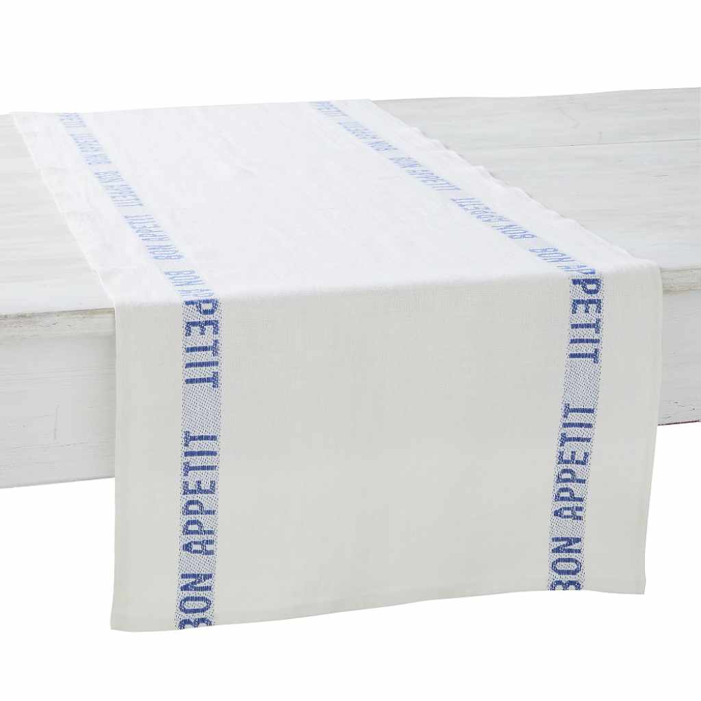 Leinentischläufer 140 x 45 cm, weiss mit blauer ,gewebter Aufschrift "Bon Appetit"