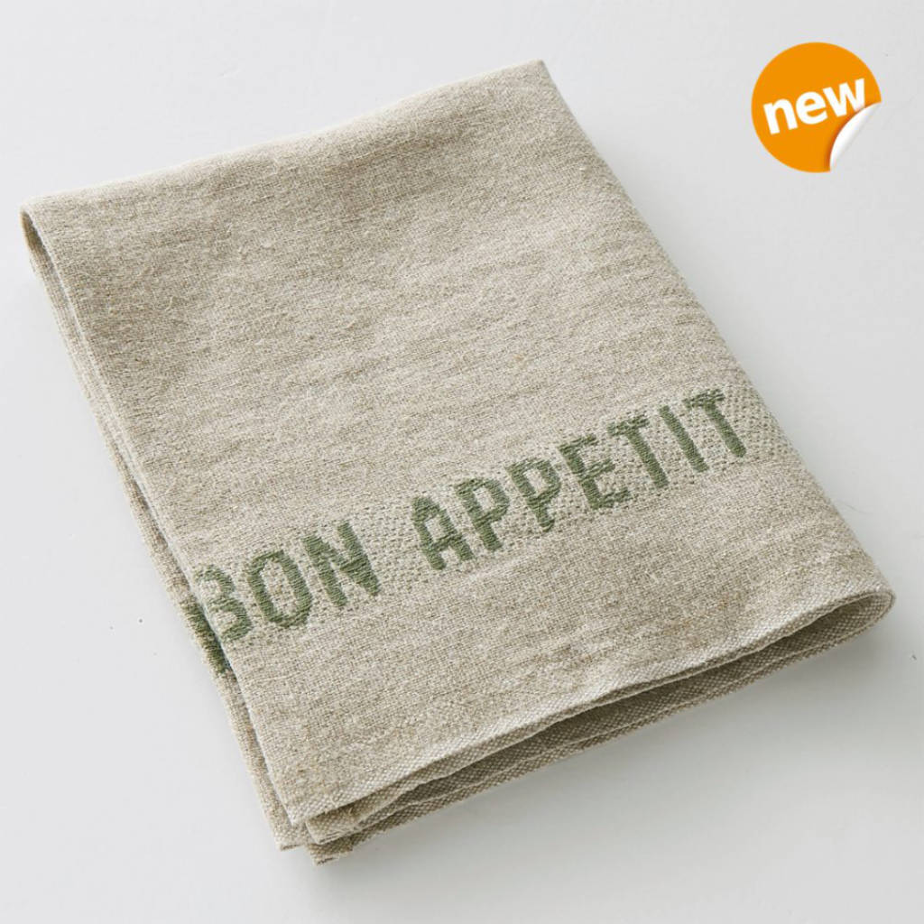 Serviette Bon Appetit aus Leinen natur mit khaki gewebten Schriftzug