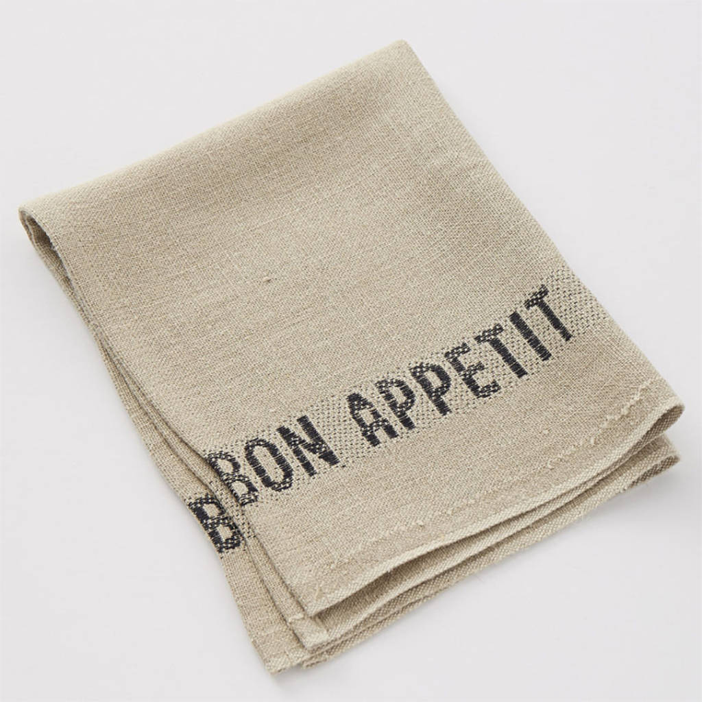 Serviette Bon Appetit aus Leinen natur mit schwarz gewebten Schriftzug