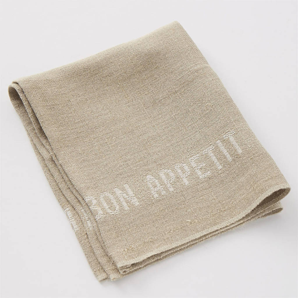 Serviette Bon Appetit aus Leinen natur mit weiß gewebten Schriftzug