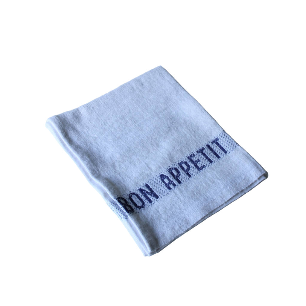 Serviette Bon Appetit aus Leinen weiß mit blau gewebten Schriftzug