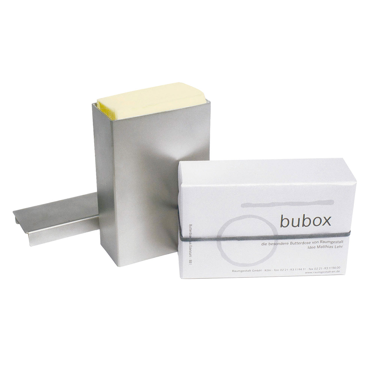 Butterdose aus Edelstahl, Marke bubox, mit Deckel und Verpackung im minimalistischen Design