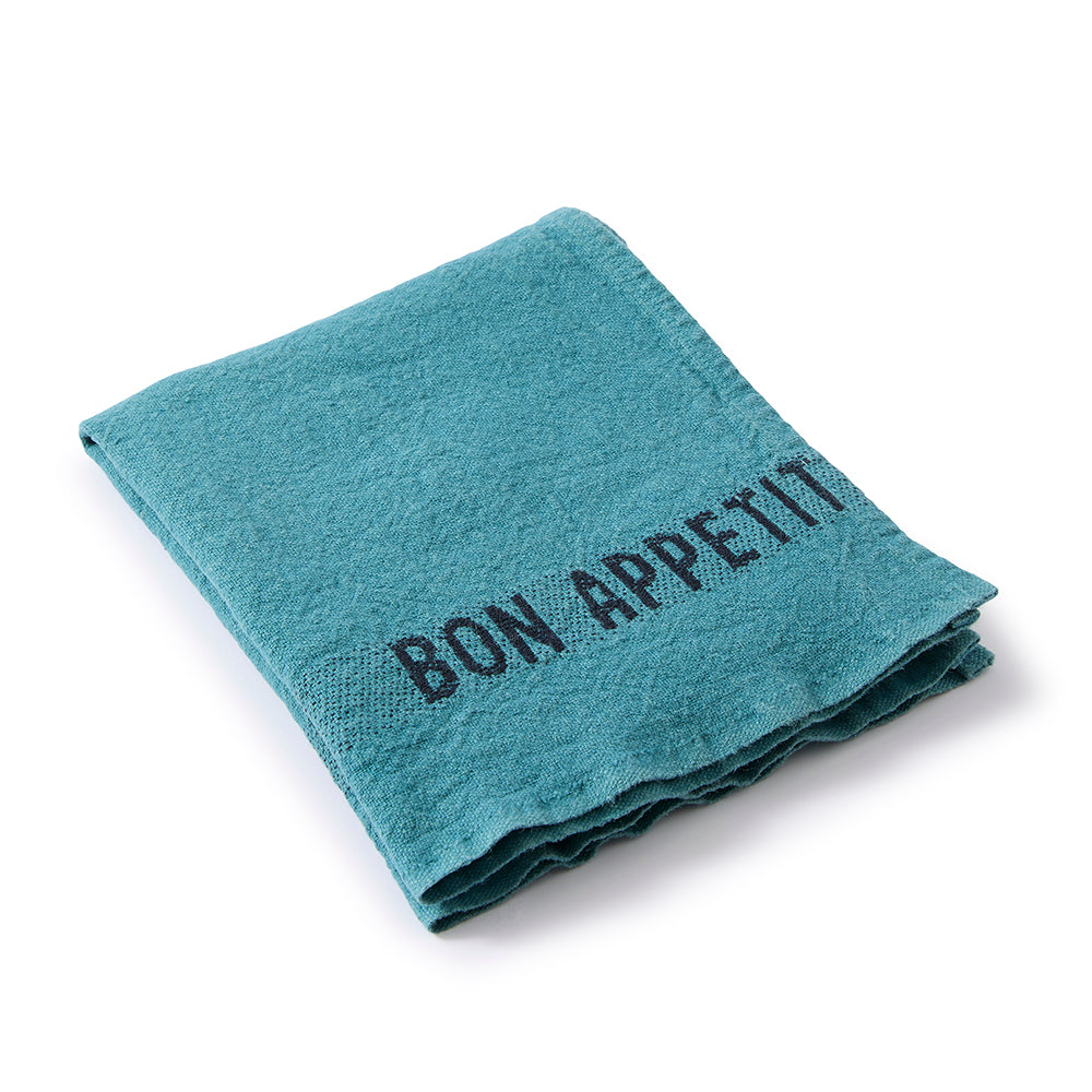 Leinen-Serviette BON APPÉTIT – Charvet Frankreich 35x45 cm in tuerkis mit dunklem eingewebten Schriftzug