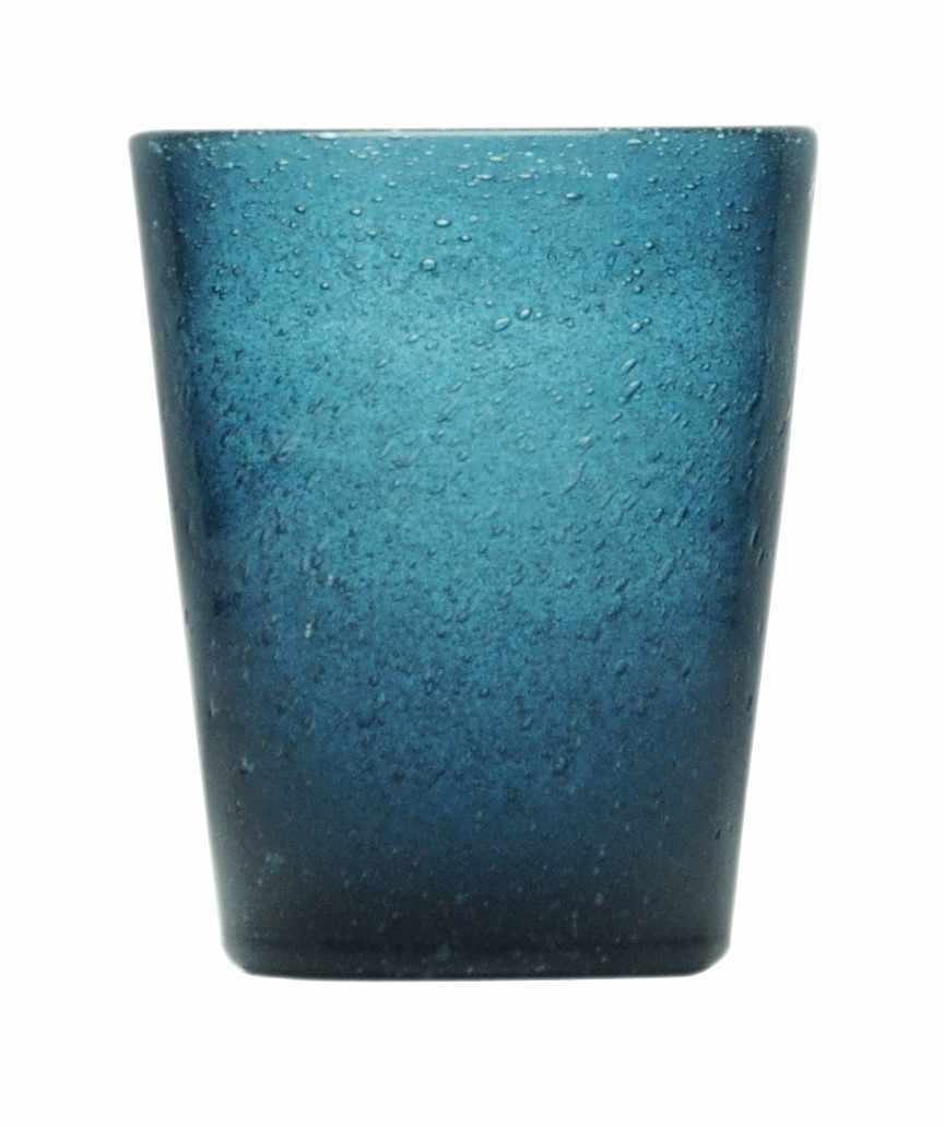 Mundgeblasenes Trinkglas von Memento mit Luftbläschen in dunkelblau