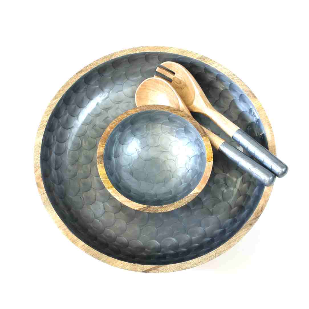 Salatschale und -schälchen aus Mangohoz in grau perlmutt