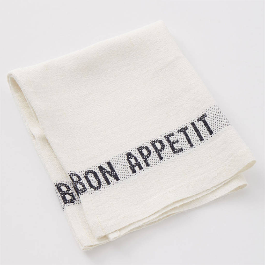 Serviette Bon Appetit aus Leinen weiß mit schwarz gewebten Schriftzug