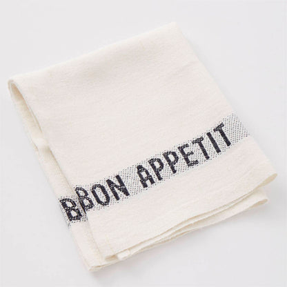 Serviette Bon Appetit aus Leinen weiß mit schwarz gewebten Schriftzug 